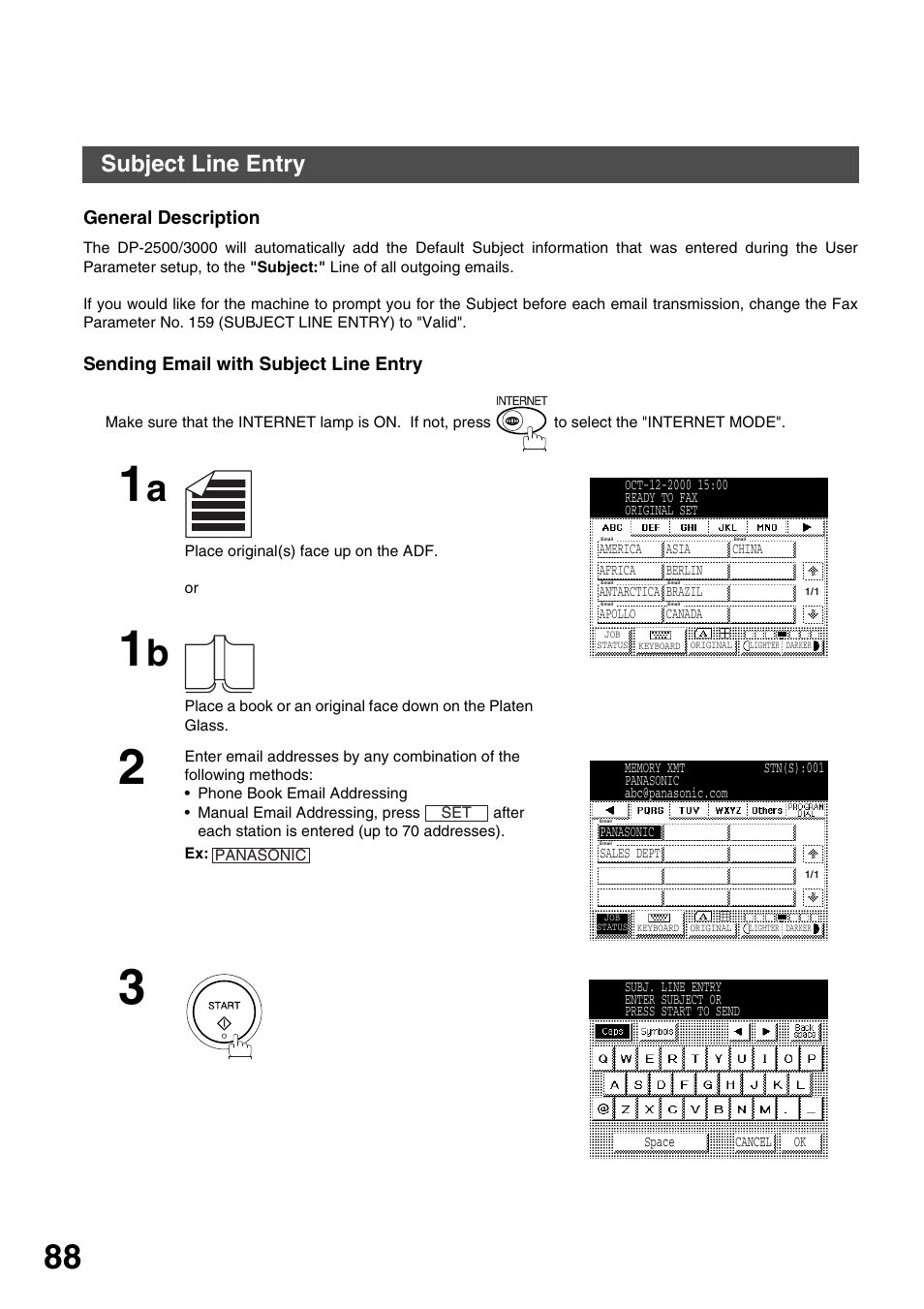 Subject line entry, General description, Sending email with subject line entry | Advanced features | Panasonic 3000 User Manual | Page 88 / 138