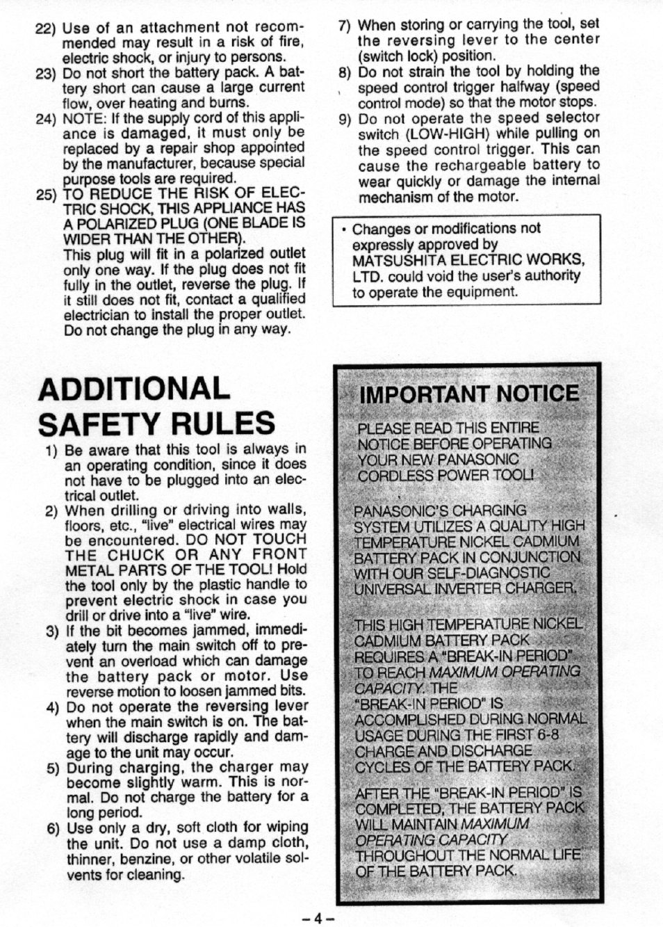 Additional safety rules, Important notice | Panasonic EY6930 User Manual | Page 4 / 9