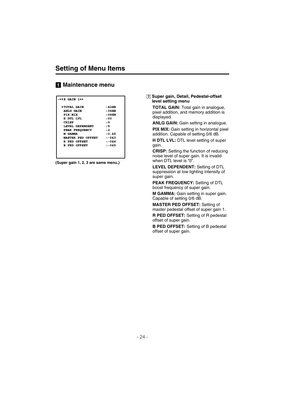 Setting of menu items, Maintenance menu | Panasonic AK-HC910L User Manual | Page 24 / 32