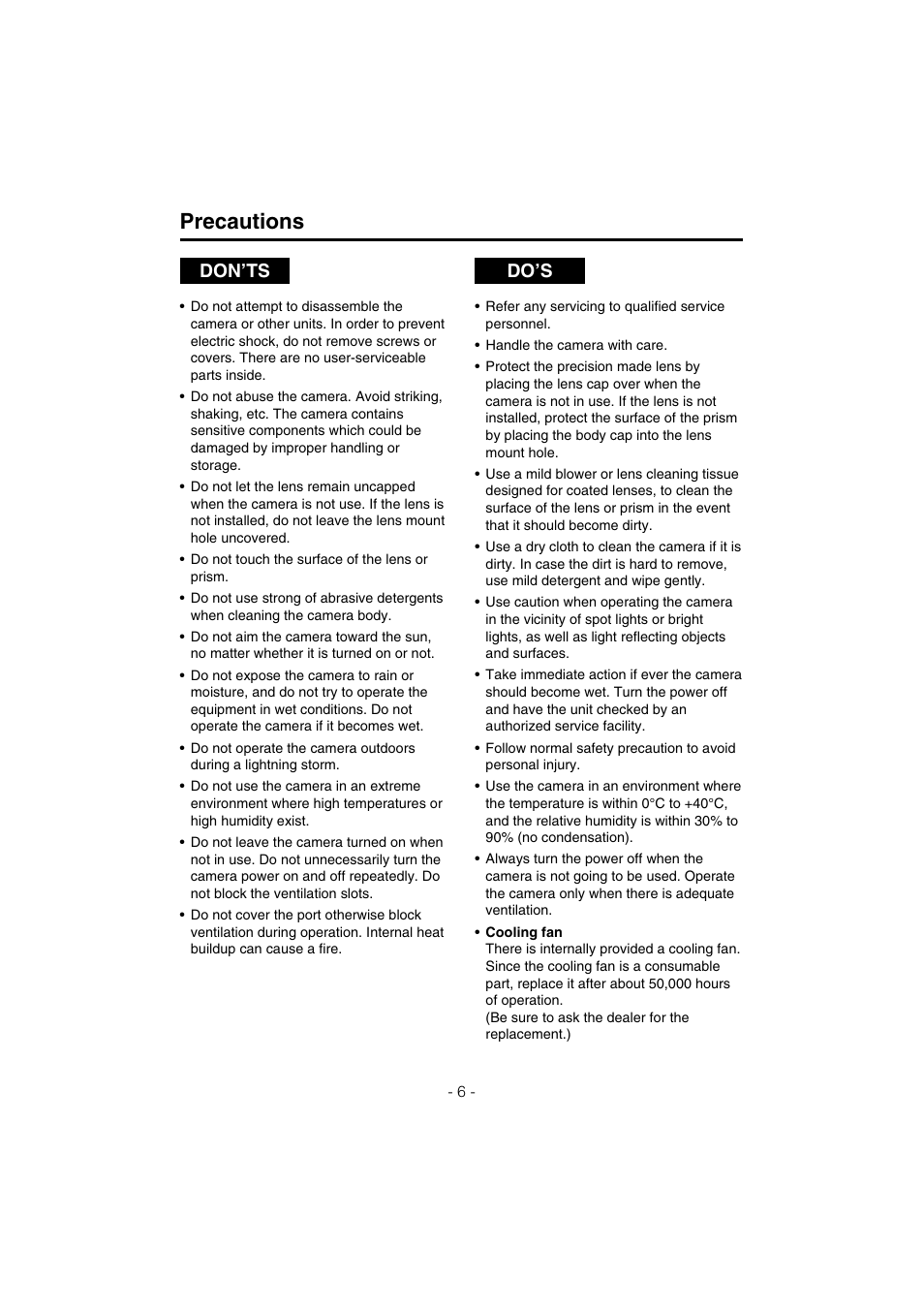 Precautions, Don’ts do’s | Panasonic AK-HC910L User Manual | Page 6 / 32