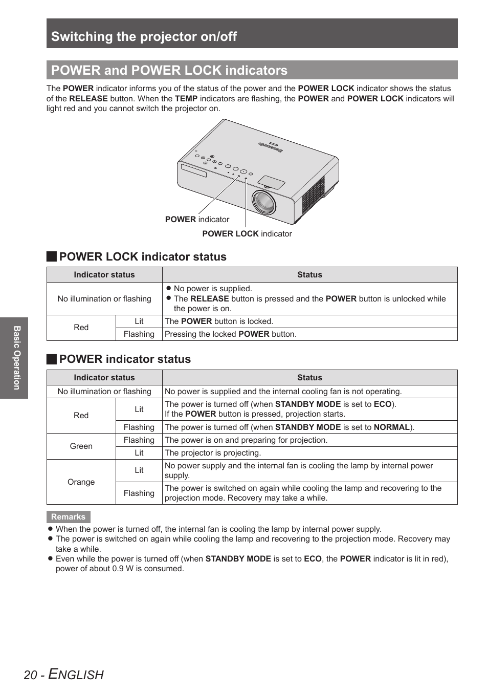Power and power lock indicators, Switching the projector on/off, Nglish | Power lock indicator status, Power indicator status | Panasonic TQBJ0303-1 User Manual | Page 20 / 58