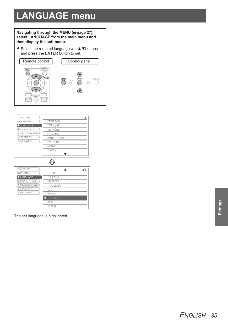 Language menu, Nglish - 35 | Panasonic TQBJ0303-1 User Manual | Page 35 / 58