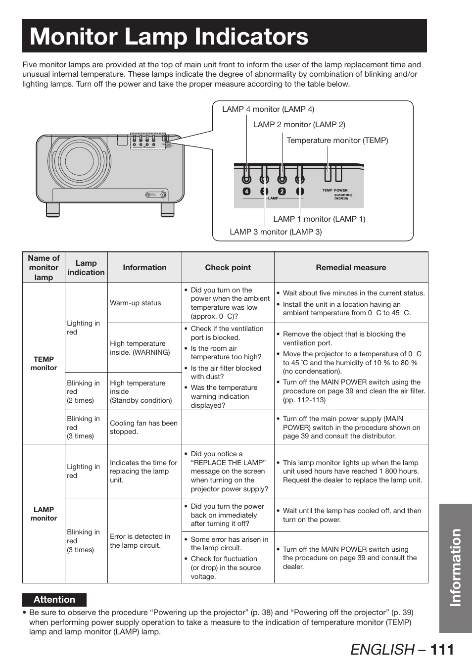 Monitor lamp indicators, English – 111, Information | Attention | Panasonic PT-D12000U User Manual | Page 111 / 138