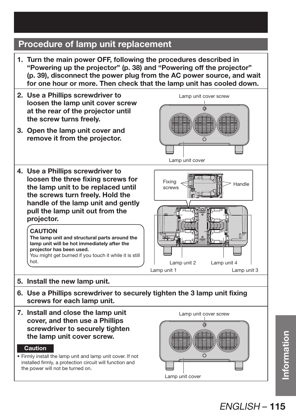 English – 115, Information procedure of lamp unit replacement | Panasonic PT-D12000U User Manual | Page 115 / 138