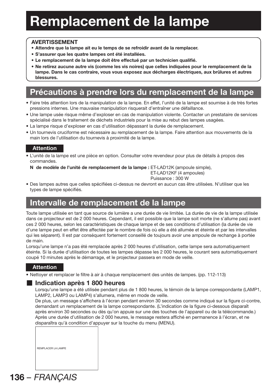 Remplacement de la lampe, 136 – français, Intervalle de remplacement de la lampe | Panasonic PT-D12000U User Manual | Page 136 / 138