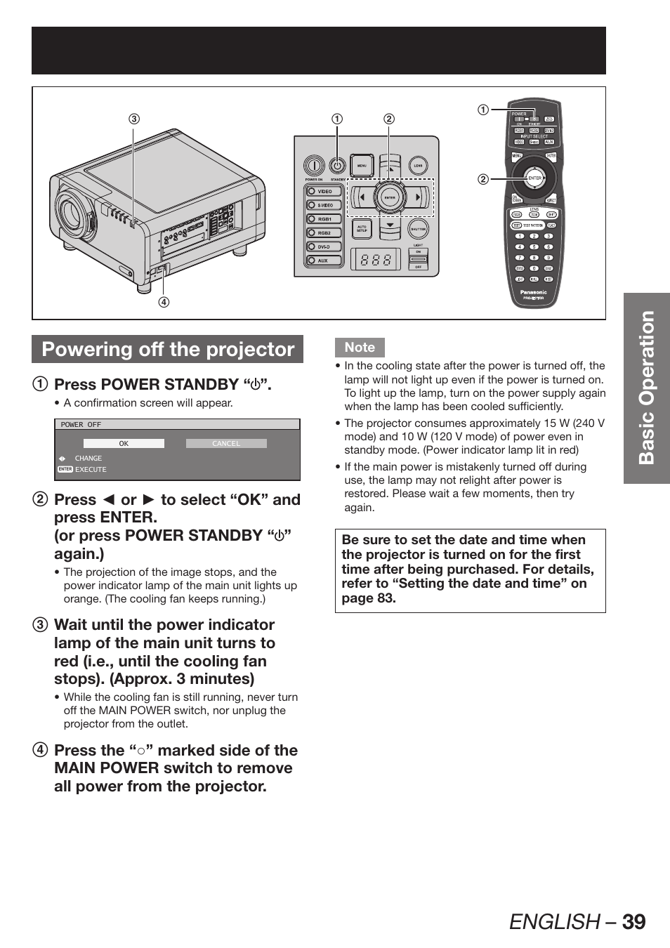 English – 39, Basic operation powering off the projector, 1 press power standby | Panasonic PT-D12000U User Manual | Page 39 / 138