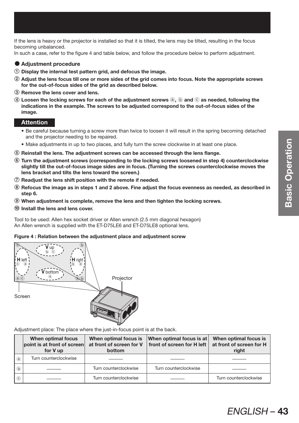 English – 43, Basic operation | Panasonic PT-D12000U User Manual | Page 43 / 138