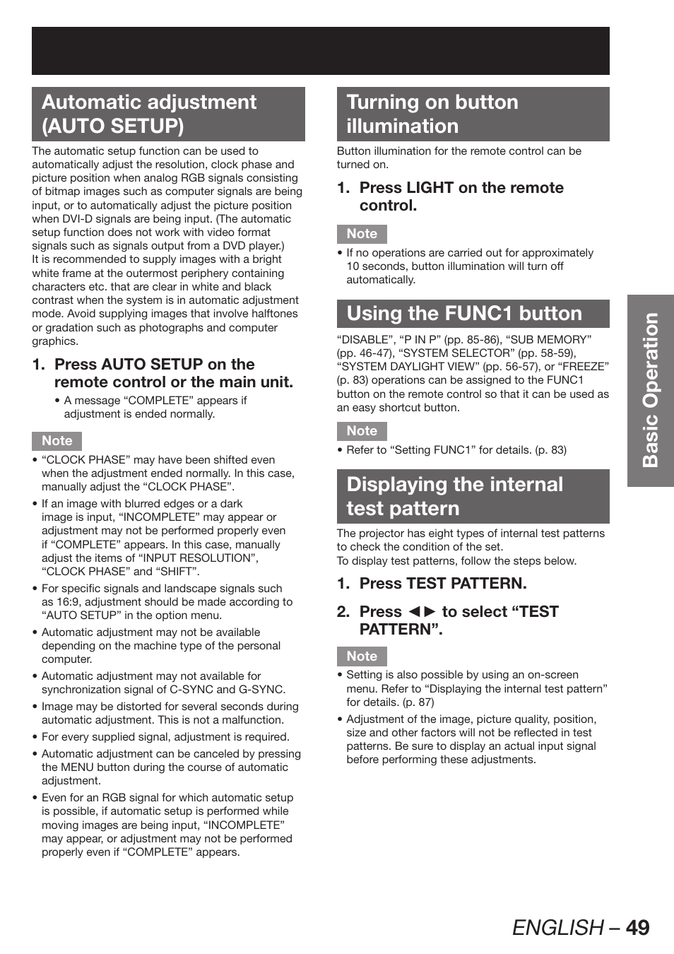 English – 49, Basic operation automatic adjustment (auto setup), Turning on button illumination | Using the func1 button, Displaying the internal test pattern, Press light on the remote 1. control | Panasonic PT-D12000U User Manual | Page 49 / 138