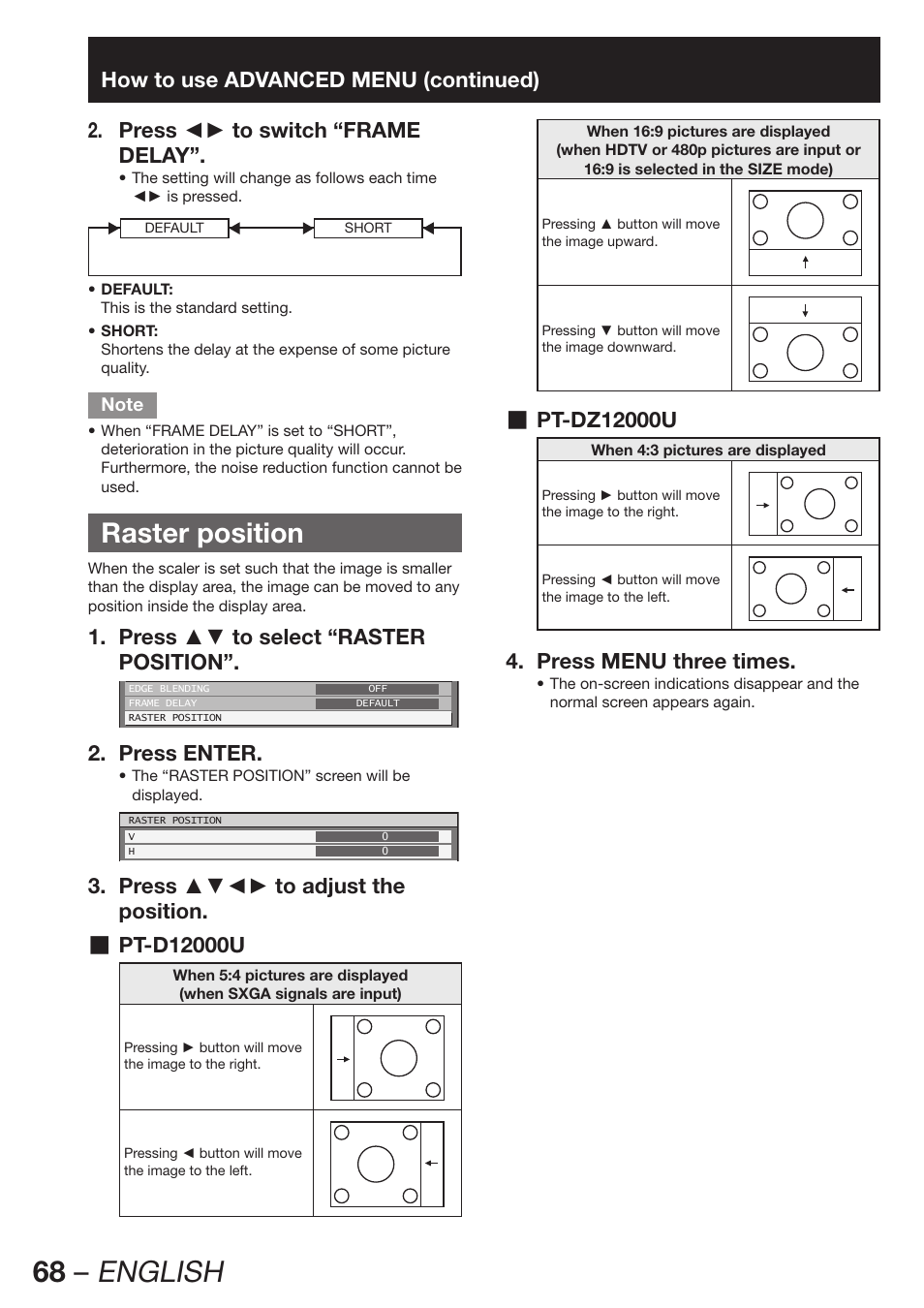 68 – english, Raster position | Panasonic PT-D12000U User Manual | Page 68 / 138