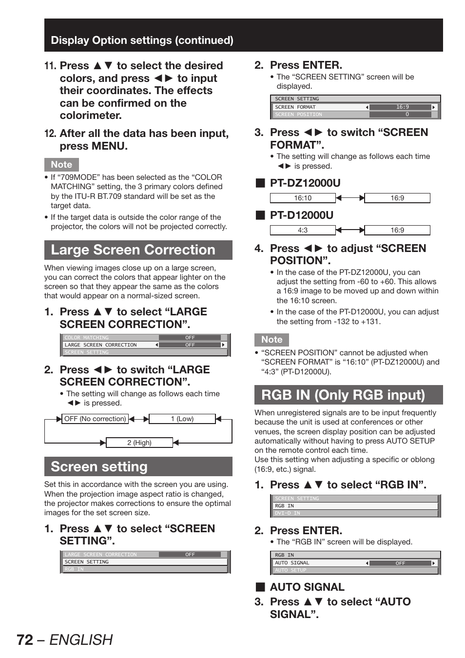 72 – english, Large screen correction, Screen setting | Rgb in (only rgb input) | Panasonic PT-D12000U User Manual | Page 72 / 138