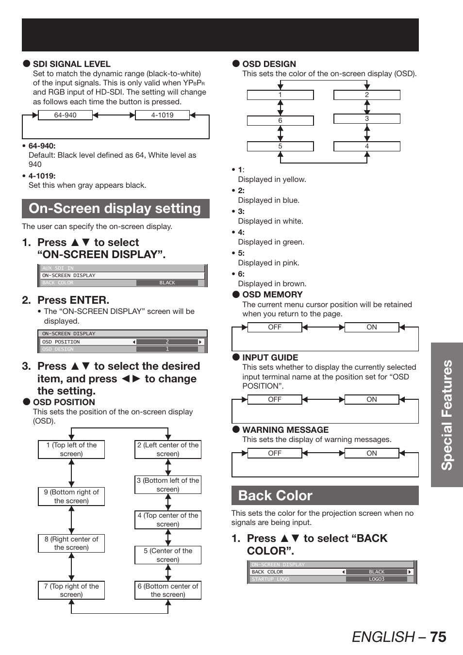 English – 75, Special featur es, On-screen display setting | Back color, Press ▲▼ to select 1. “on-screen display, Press enter. 2, Press ▲▼ to select “back 1. color | Panasonic PT-D12000U User Manual | Page 75 / 138