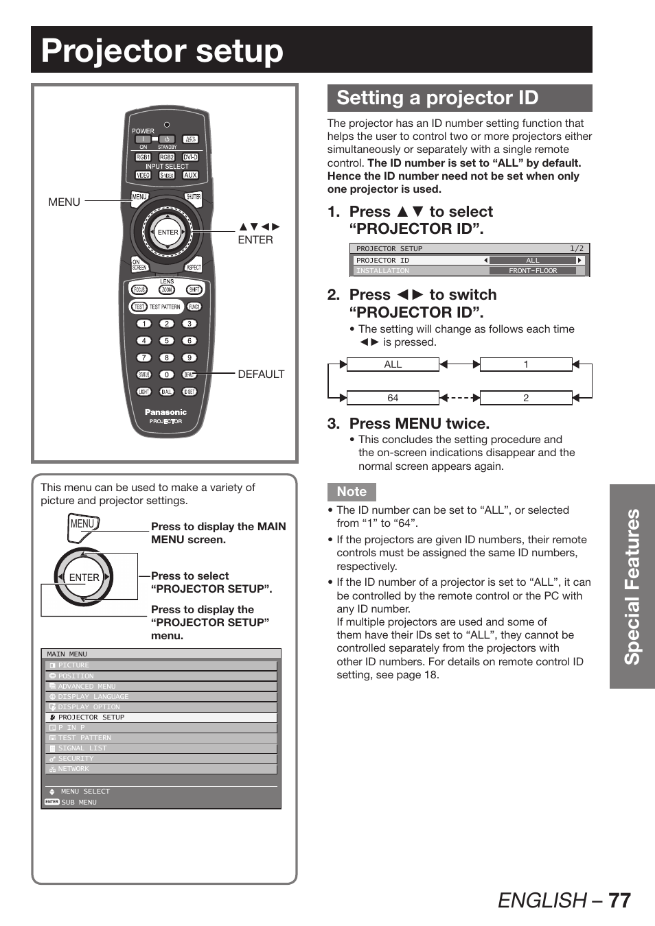 Projector setup, English – 77, Special featur es | Setting a projector id, Press ▲▼ to select 1. “projector id, Press ◄► to switch 2. “projector id, Press menu twice. 3 | Panasonic PT-D12000U User Manual | Page 77 / 138