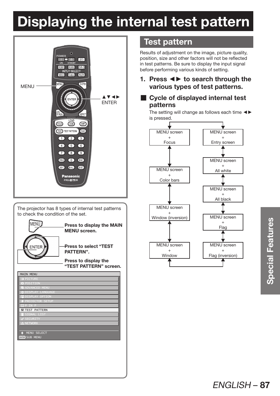 Displaying the internal test pattern, English – 87, Special featur es | Test pattern, Patterns | Panasonic PT-D12000U User Manual | Page 87 / 138