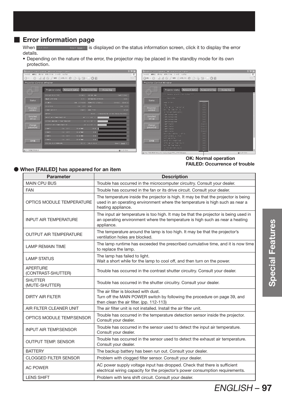 English – 97, Special featur es, Error information page | Panasonic PT-D12000U User Manual | Page 97 / 138