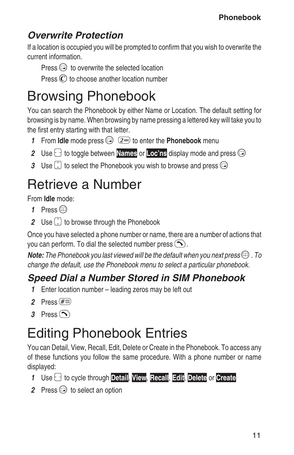 Browsing phonebook 11, Retrieve a number 11, Editing phonebook entries 11 | Browsing phonebook, Retrieve a number, Editing phonebook entries, Overwrite protection, Speed dial a number stored in sim phonebook | Panasonic EB-GD93 User Manual | Page 15 / 68