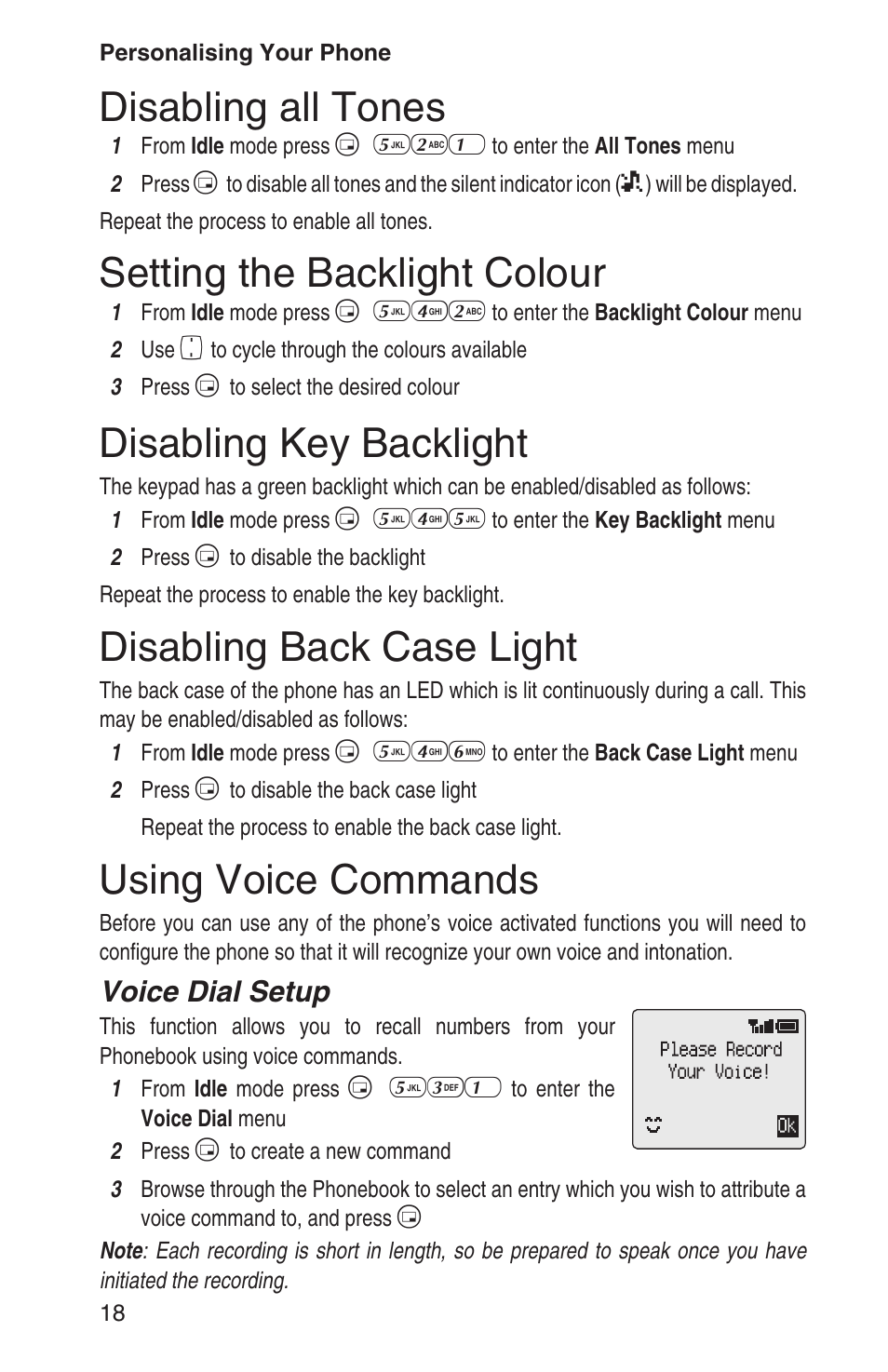Disabling all tones 18, Setting the backlight colour 18, Disabling key backlight 18 | Disabling back case light 18, Using voice commands 18, Disabling all tones, Setting the backlight colour, Disabling key backlight, Disabling back case light, Using voice commands | Panasonic EB-GD93 User Manual | Page 22 / 68