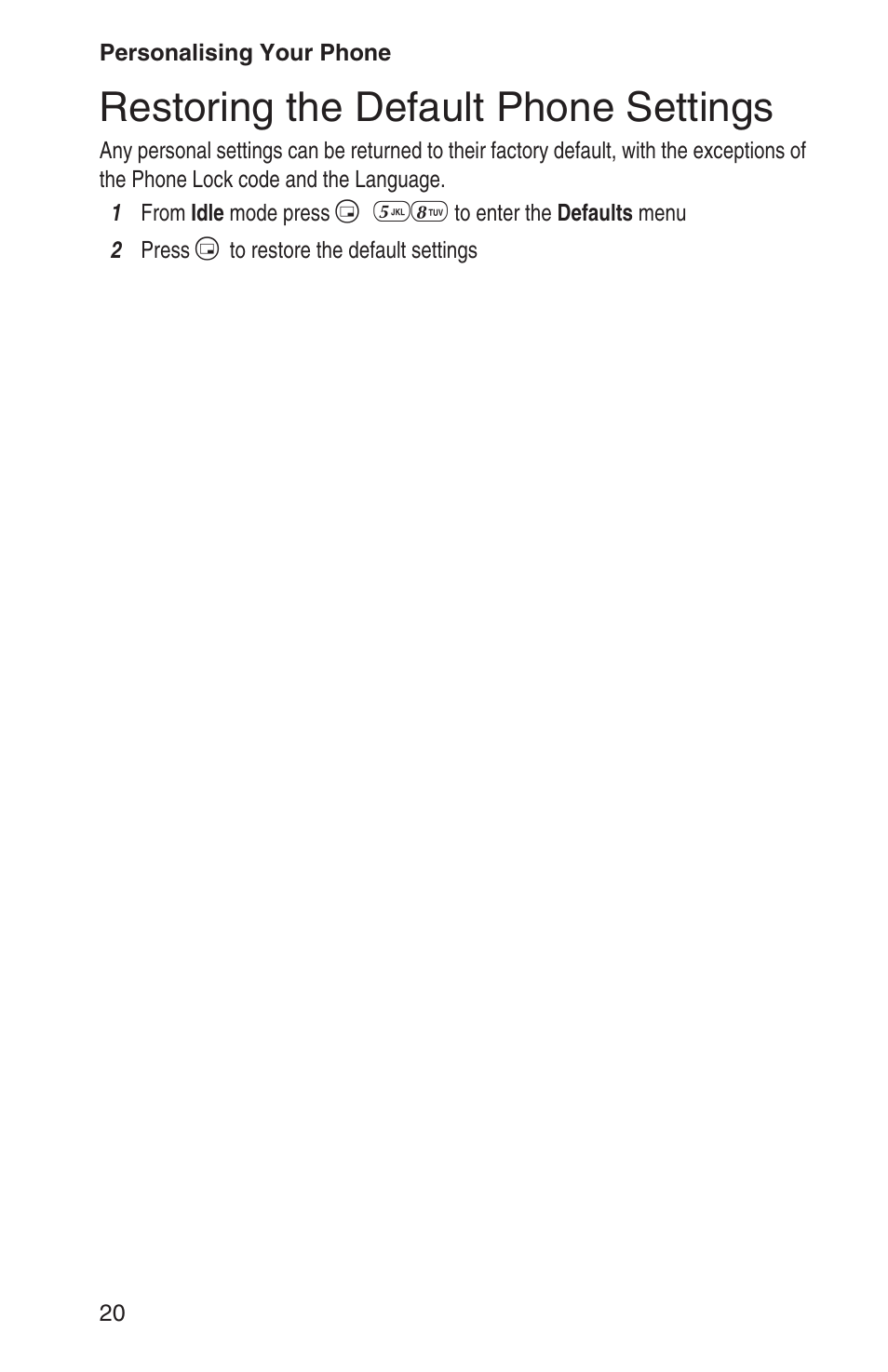 Restoring the default phone settings 20, Restoring the default phone settings | Panasonic EB-GD93 User Manual | Page 24 / 68