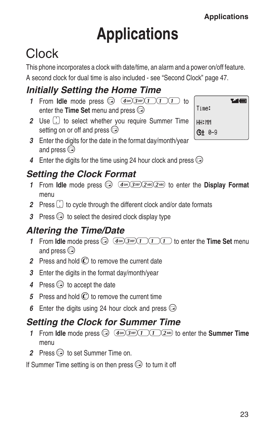 Applications 23, Clock 23, Applications | Clock, Initially setting the home time, Setting the clock format, Altering the time/date, Setting the clock for summer time | Panasonic EB-GD93 User Manual | Page 27 / 68