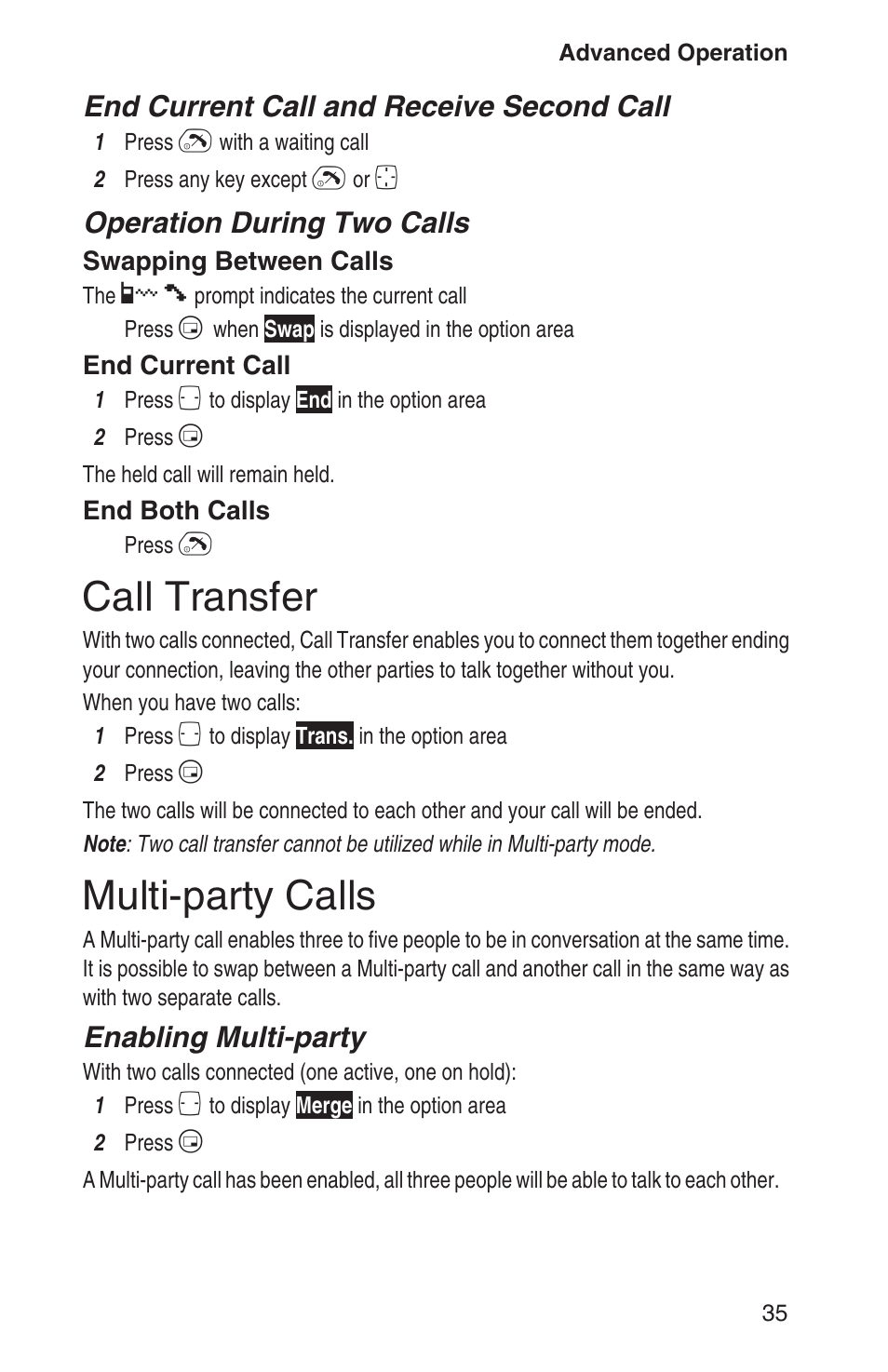 Call transfer 35, Multi-party calls 35, Call transfer | Multi-party calls, End current call and receive second call, Operation during two calls, Enabling multi-party | Panasonic EB-GD93 User Manual | Page 39 / 68
