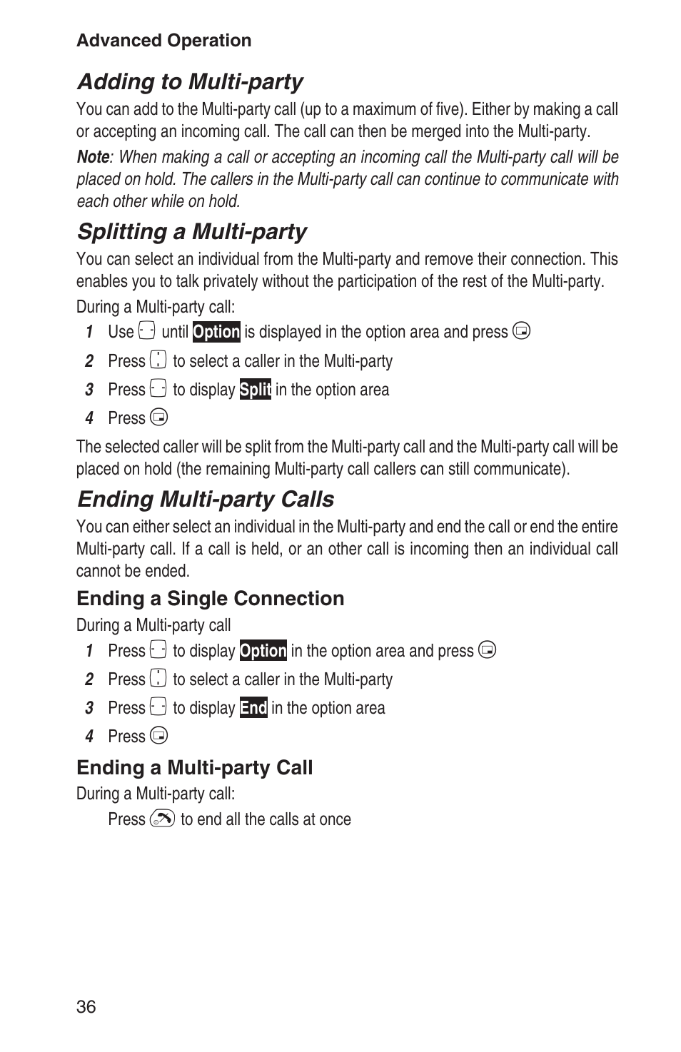 Adding to multi-party, Splitting a multi-party, Ending multi-party calls | Panasonic EB-GD93 User Manual | Page 40 / 68