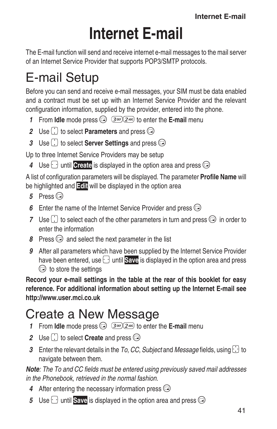 Internet e-mail 41, E-mail setup 41, Create a new message 41 | Internet e-mail, E-mail setup, Create a new message | Panasonic EB-GD93 User Manual | Page 45 / 68