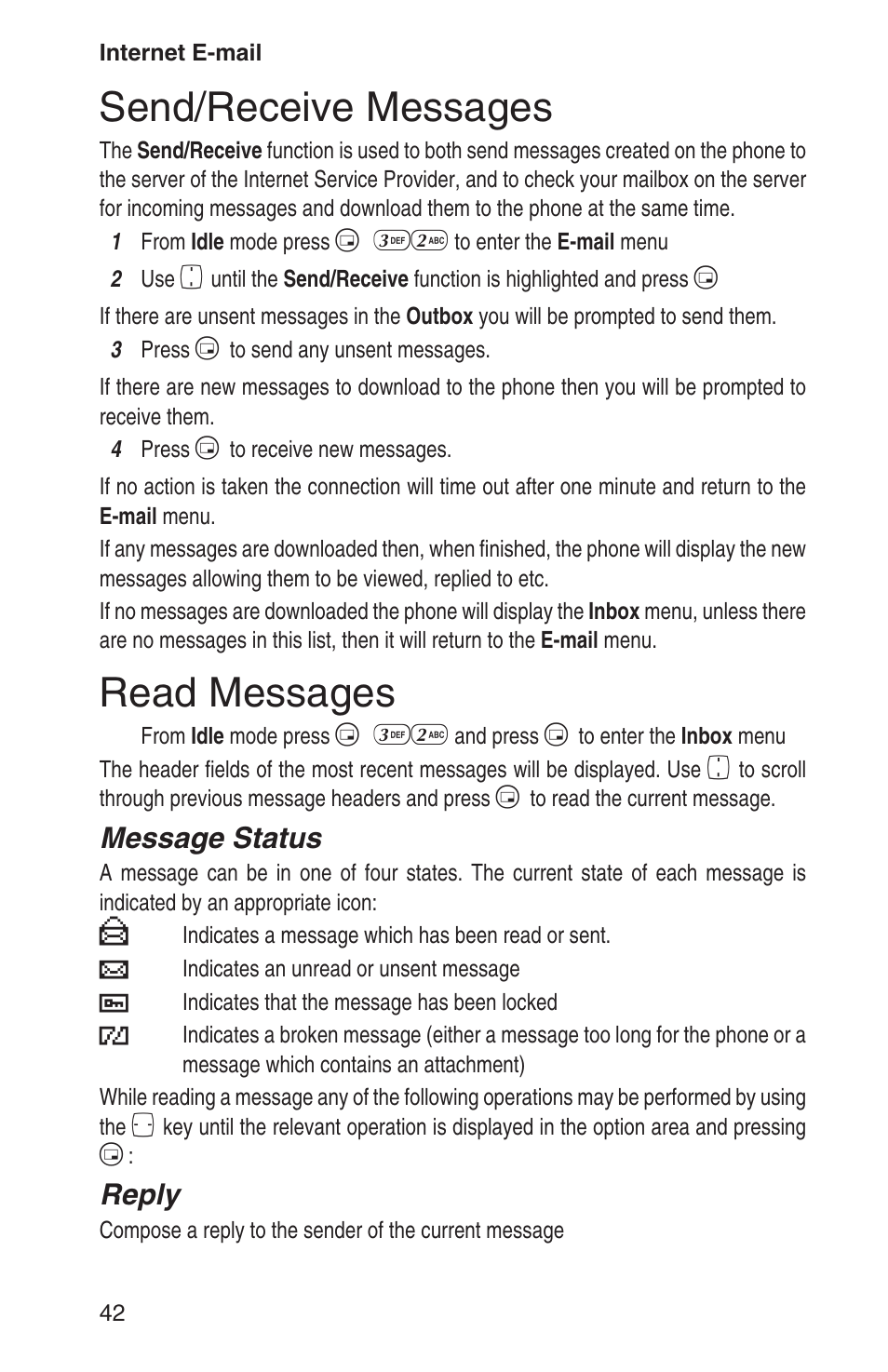 Send/receive messages 42, Read messages 42, Send/receive messages | Read messages, Message status, Reply | Panasonic EB-GD93 User Manual | Page 46 / 68