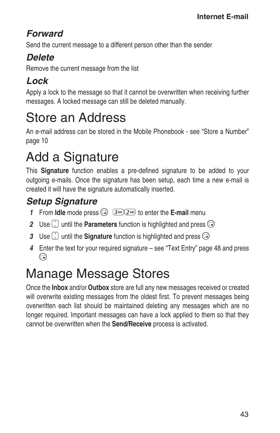Store an address 43, Add a signature 43, Manage message stores 43 | Store an address, Add a signature, Manage message stores, Forward, Delete, Lock, Setup signature | Panasonic EB-GD93 User Manual | Page 47 / 68