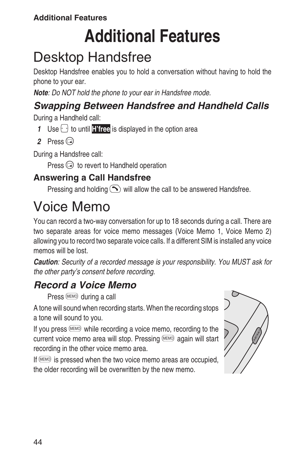 Additional features 44, Desktop handsfree 44, Voice memo 44 | Additional features, Desktop handsfree, Swapping between handsfree and handheld calls | Panasonic EB-GD93 User Manual | Page 48 / 68