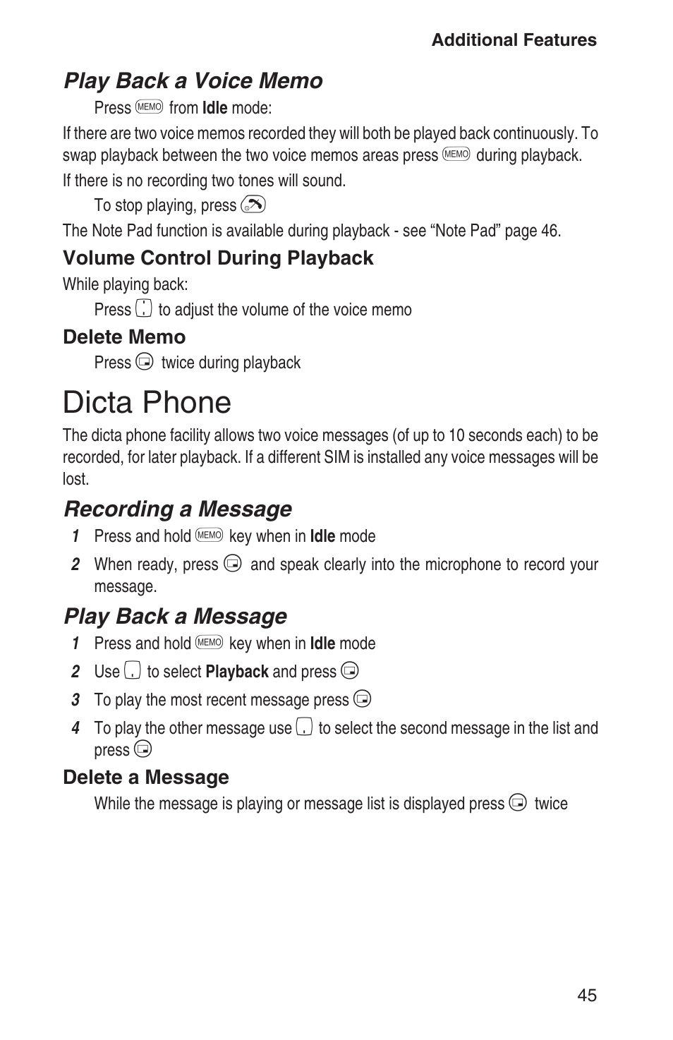 Dicta phone 45, Dicta phone, Recording a message | Play back a message | Panasonic EB-GD93 User Manual | Page 49 / 68
