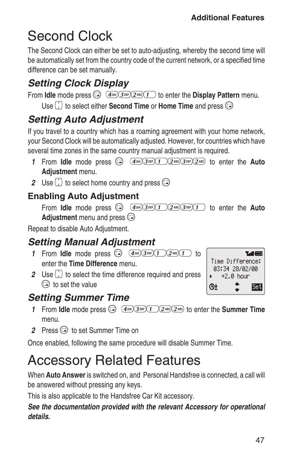 Second clock 47, Accessory related features 47, Second clock | Accessory related features, Setting clock display, Setting auto adjustment, Setting manual adjustment, Setting summer time | Panasonic EB-GD93 User Manual | Page 51 / 68