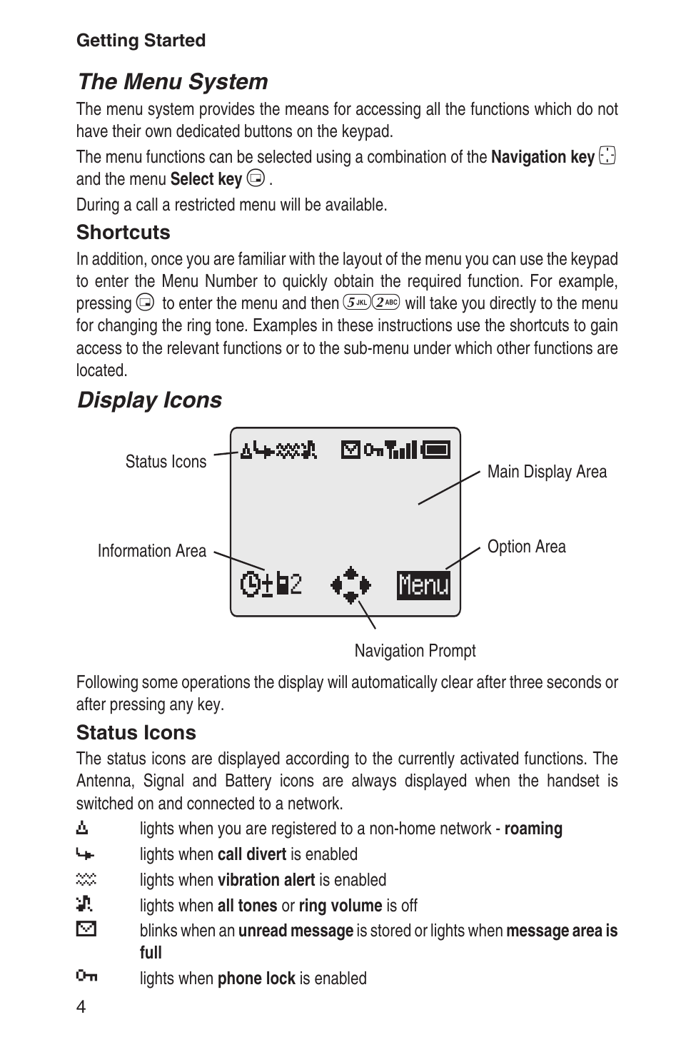 The menu system, Display icons | Panasonic EB-GD93 User Manual | Page 8 / 68