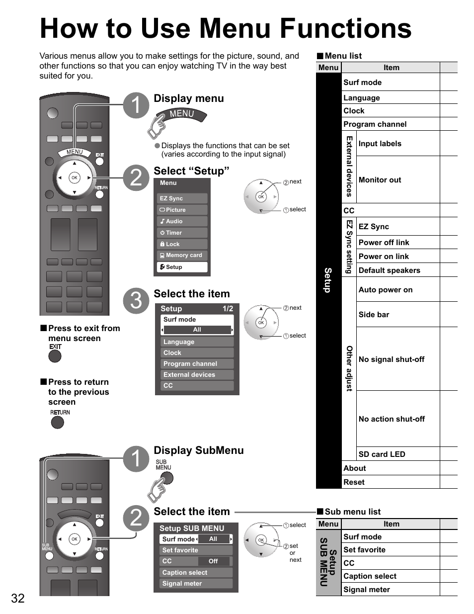 Clock set, How to use menu functions, Display menu | Select the item, Display submenu, Select “setup | Panasonic VIVA TH-65PZ750U User Manual | Page 32 / 73