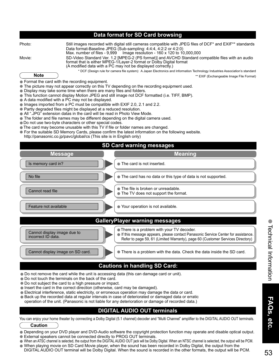 Sd card information, Digital audio out terminal information | Panasonic VIVA TH-65PZ750U User Manual | Page 53 / 73