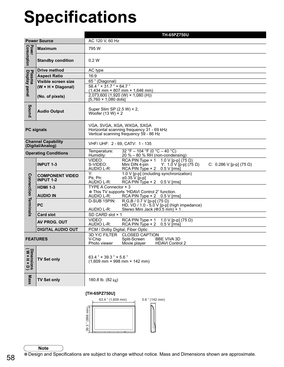 Specs, Specifications | Panasonic VIVA TH-65PZ750U User Manual | Page 58 / 73
