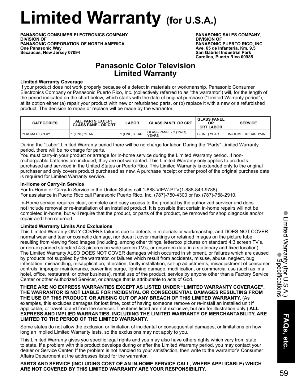 Warranty, Limited warranty, For u.s.a.) | Panasonic color television limited warranty, Faqs, etc, Limited w arranty (for u.s.a.) specifications | Panasonic VIVA TH-65PZ750U User Manual | Page 59 / 73