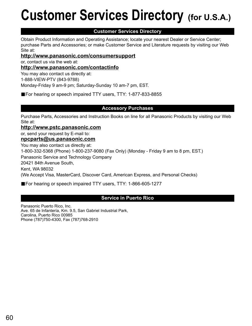 Customer services directory, For u.s.a.) | Panasonic VIVA TH-65PZ750U User Manual | Page 60 / 73