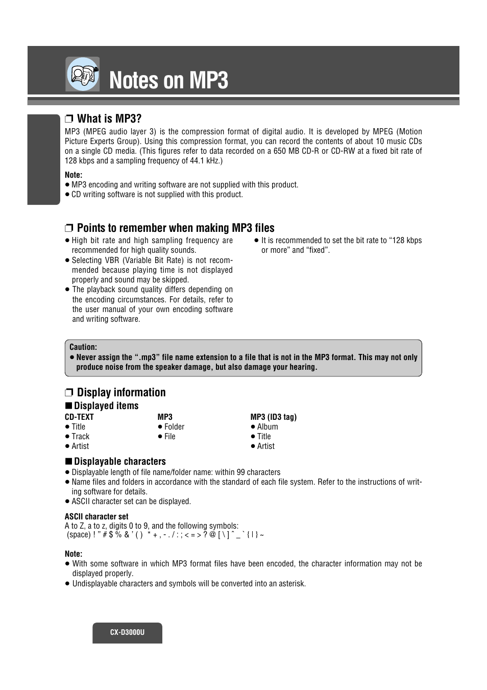 Mp3 info, What is mp3, Points to remember when making mp3 files | Display information | Panasonic CX-D3000U User Manual | Page 27 / 50