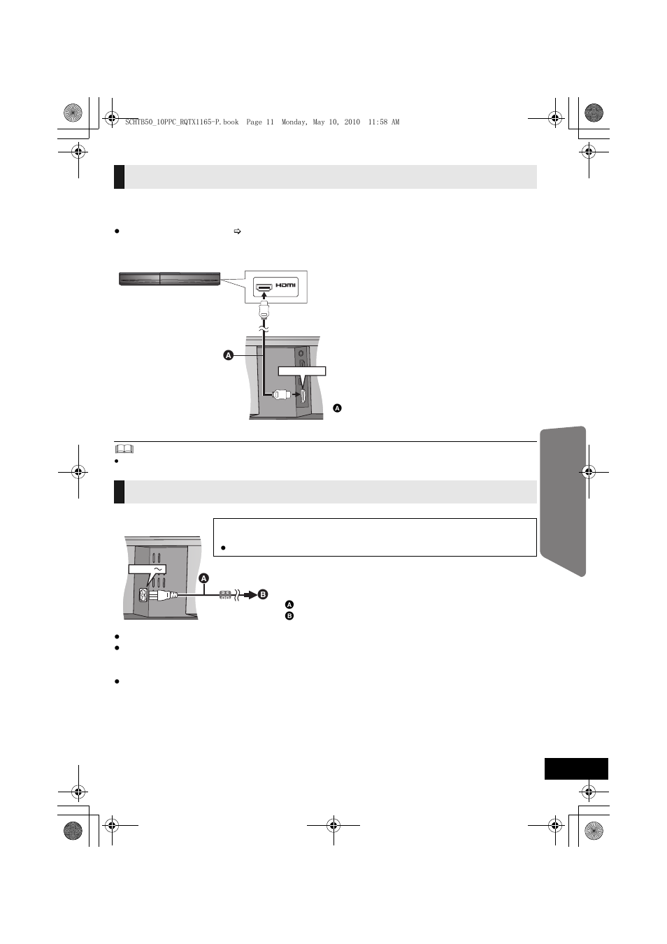 Connection from an hdmi compatible device, Ac power supply cord connection | Panasonic RQTX1165-1P User Manual | Page 11 / 28