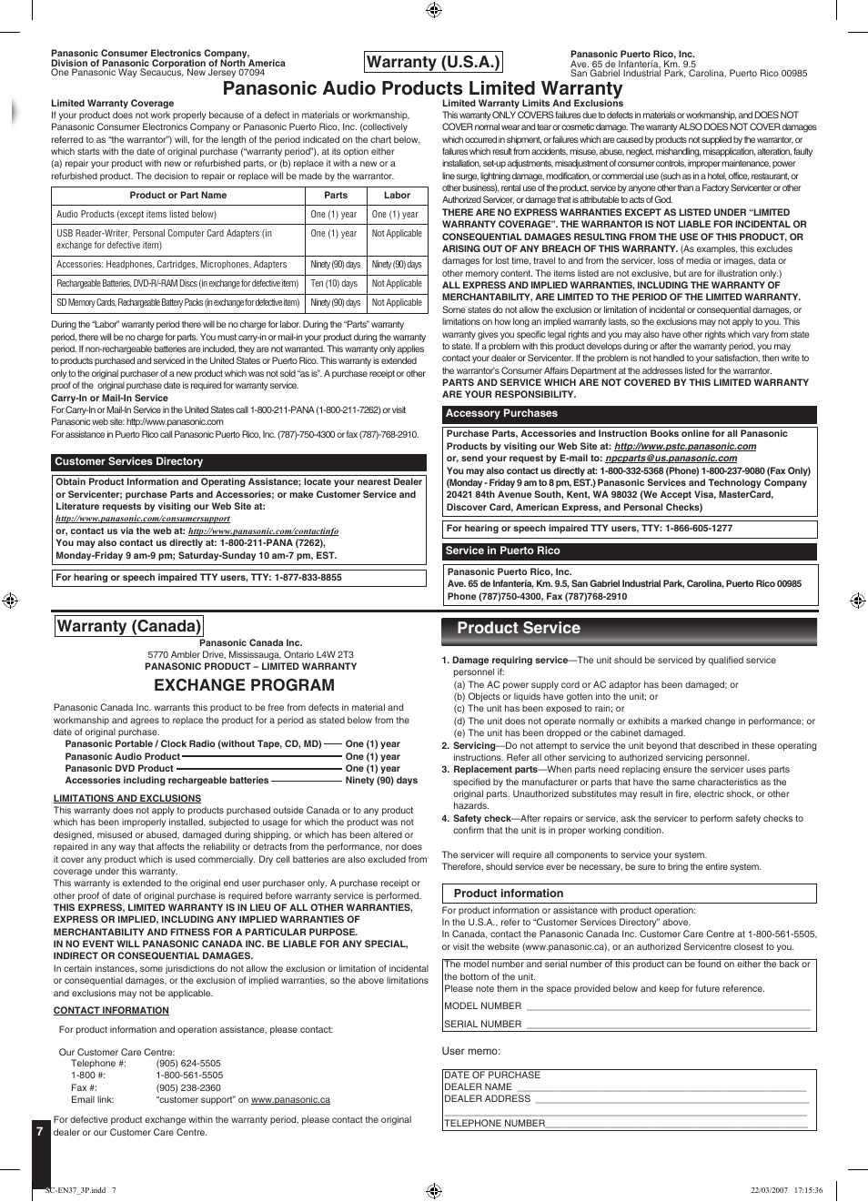 Panasonic audio products limited warranty, Warranty (u.s.a.), Warranty (canada) | Exchange program, Product service | Panasonic SC-EN37 User Manual | Page 7 / 8