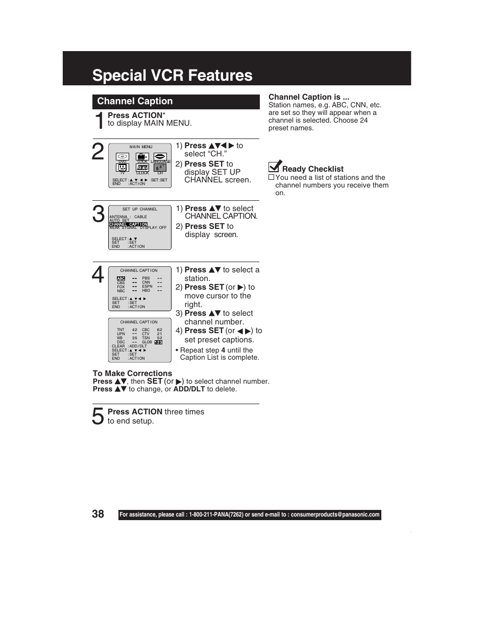 Special vcr features, Channel caption | Panasonic PV-DM2792 User Manual | Page 38 / 75