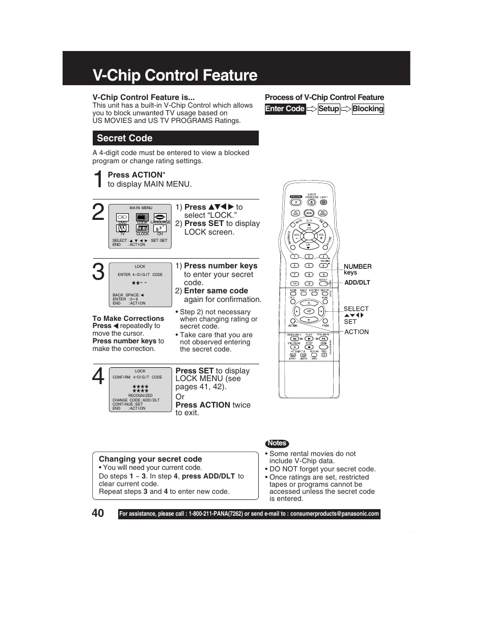 V-chip control feature, Secret code | Panasonic PV-DM2792 User Manual | Page 40 / 75