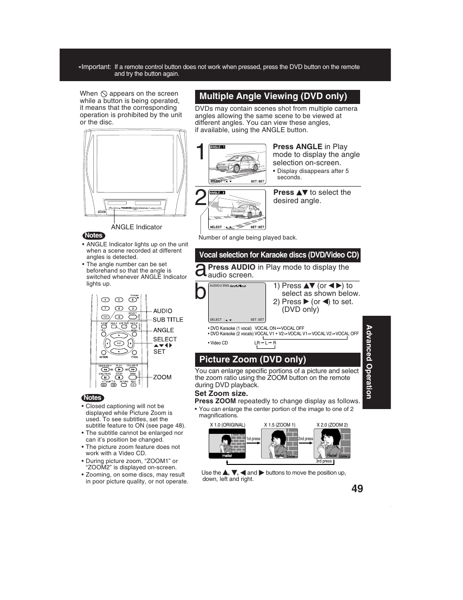 Multiple angle viewing (dvd only), Picture zoom (dvd only) | Panasonic PV-DM2792 User Manual | Page 49 / 75