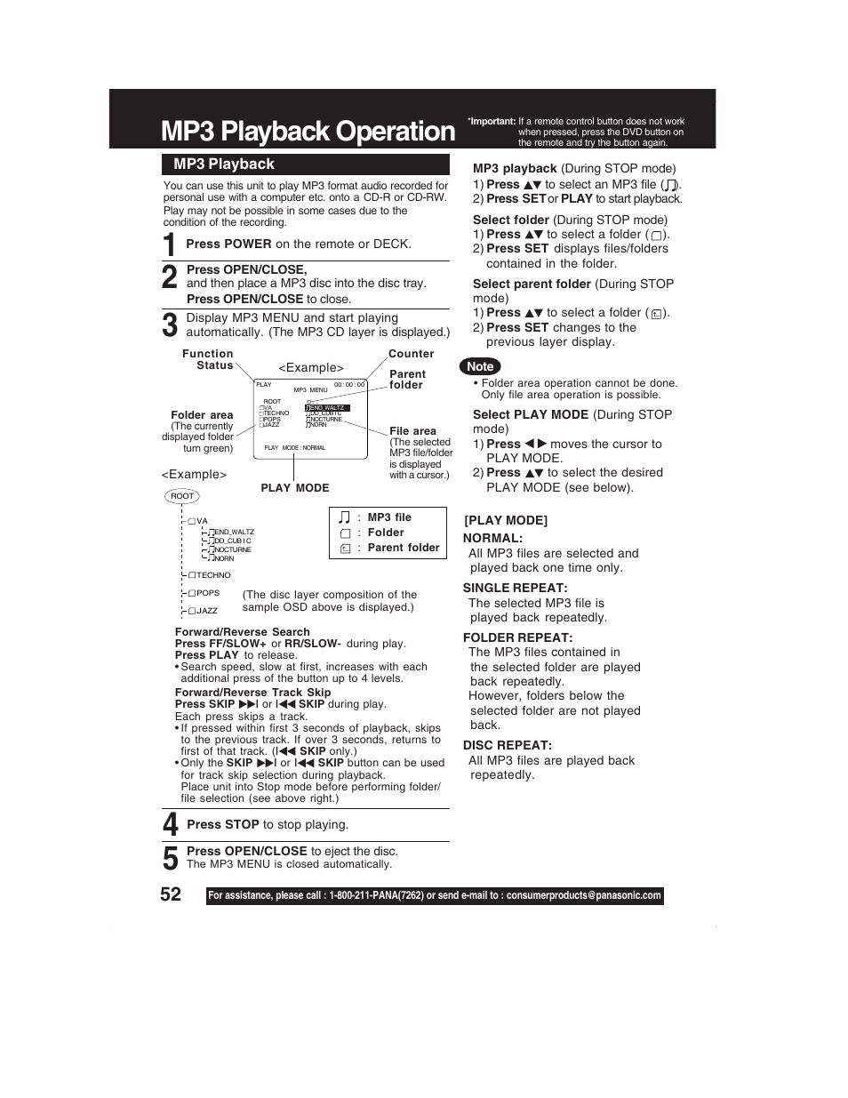 Mp3 playback operation, Mp3 playback | Panasonic PV-DM2792 User Manual | Page 52 / 75
