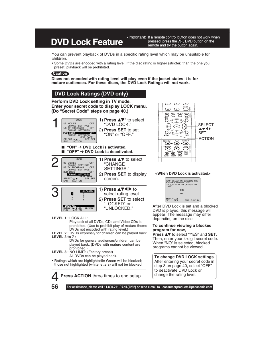 Dvd lock feature, Dvd lock ratings (dvd only) | Panasonic PV-DM2792 User Manual | Page 56 / 75