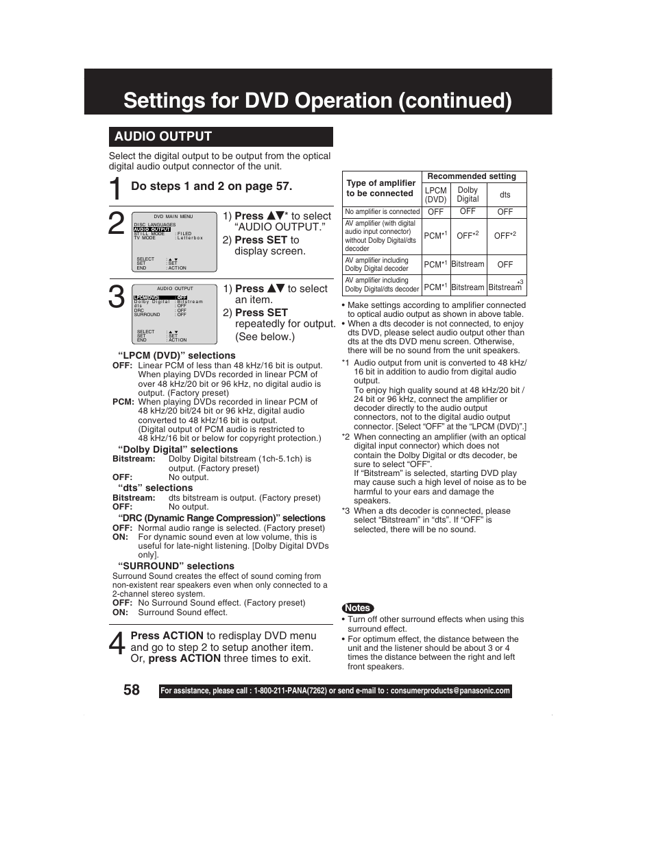 Settings for dvd operation (continued), Audio output, Do steps 1 and 2 on page 57 | Panasonic PV-DM2792 User Manual | Page 58 / 75