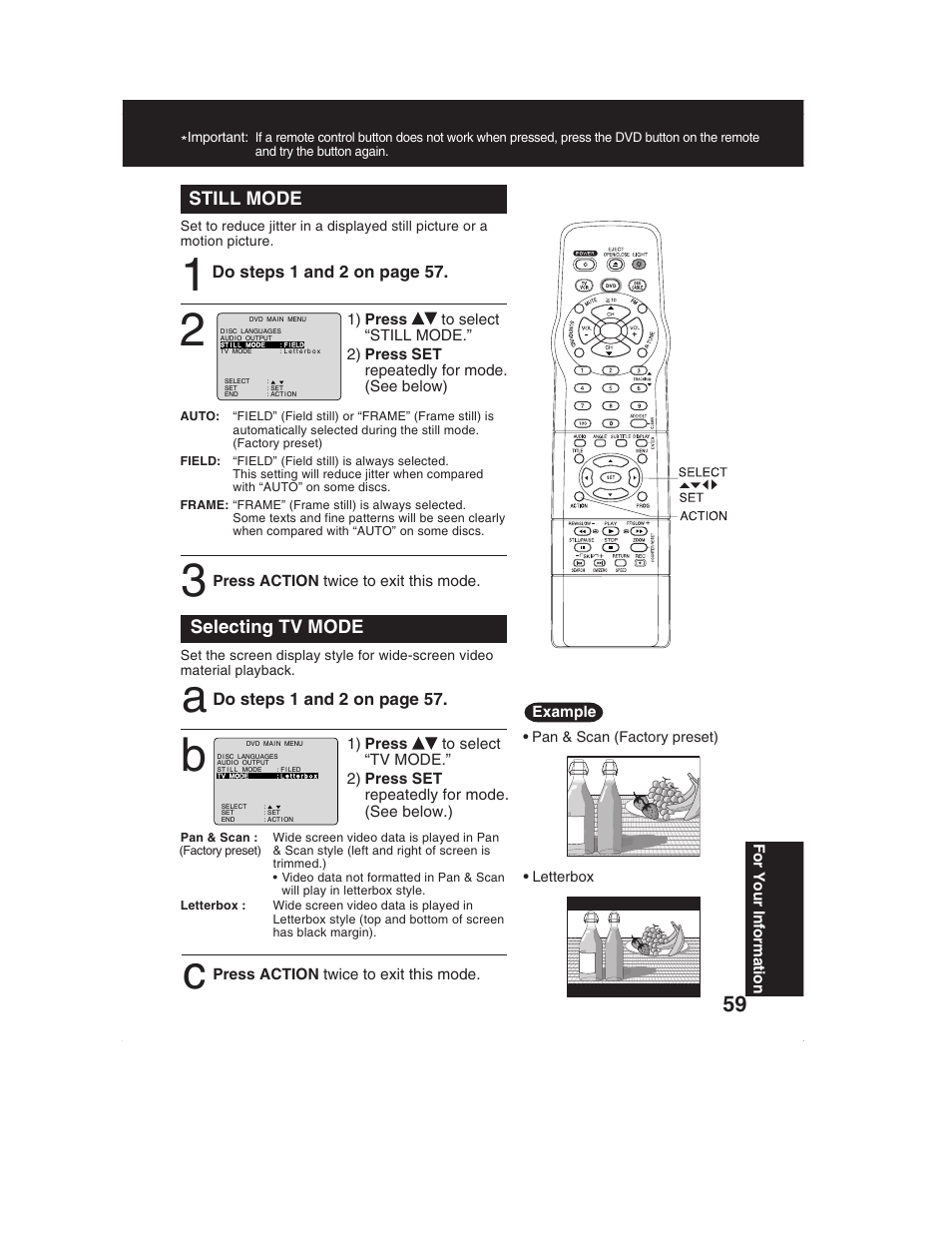Still mode, Selecting tv mode | Panasonic PV-DM2792 User Manual | Page 59 / 75