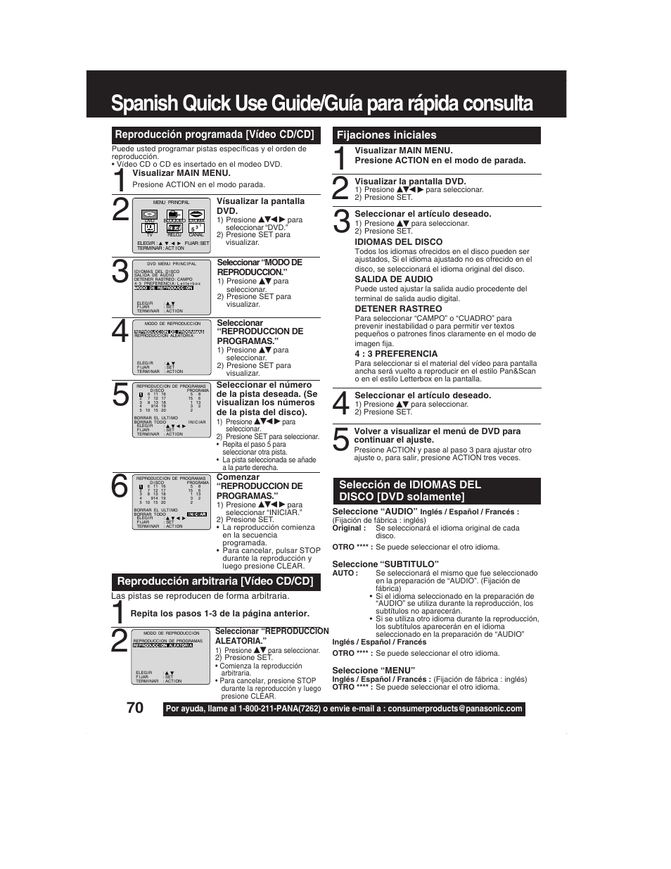 Spanish quick use guide/guía para rápida consulta, Selección de idiomas del disco [dvd solamente, Fijaciones iniciales | Panasonic PV-DM2792 User Manual | Page 69 / 75