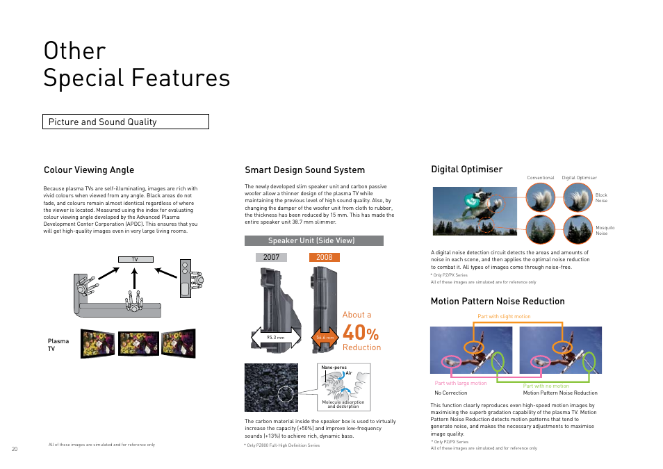 Other special features, Digital optimiser, Colour viewing angle | Motion pattern noise reduction | Panasonic Viera TY-WK42PR4W User Manual | Page 20 / 52