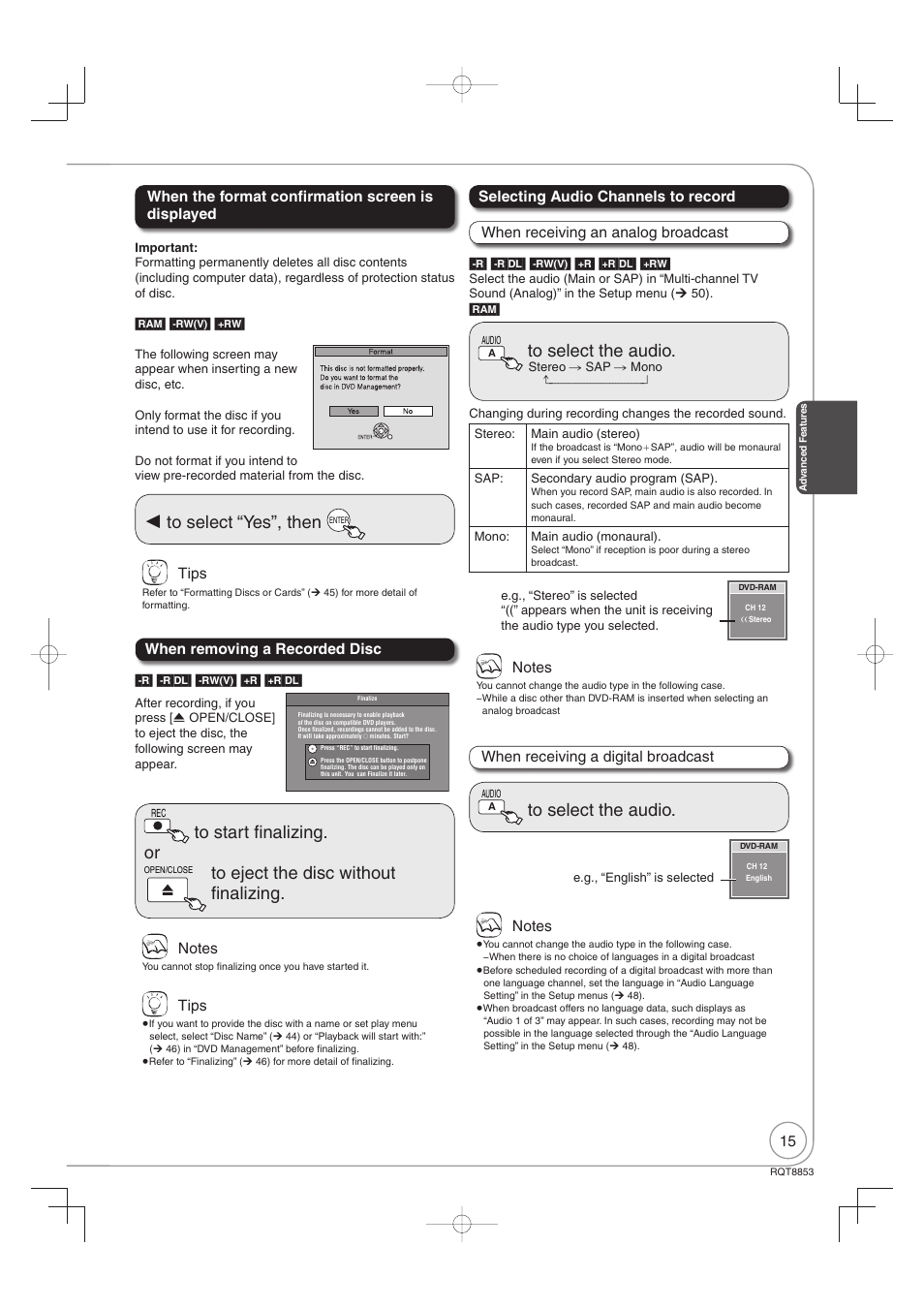 Tips, Selecting audio channels to record | Panasonic DIGA DMR-EZ47V User Manual | Page 15 / 100