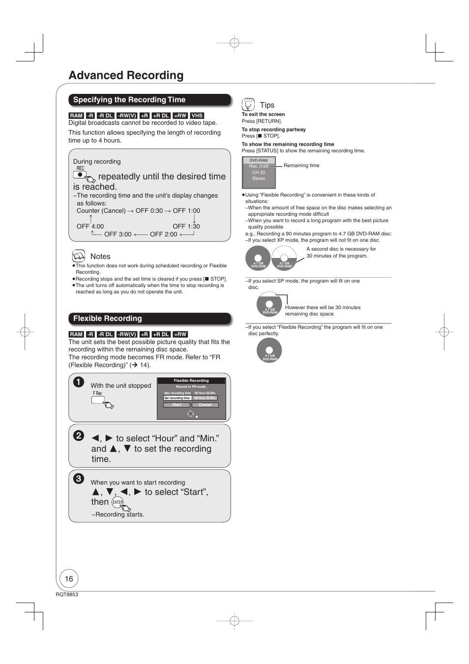 Advanced recording, Repeatedly until the desired time is reached, Specifying the recording time | Flexible recording, Tips | Panasonic DIGA DMR-EZ47V User Manual | Page 16 / 100